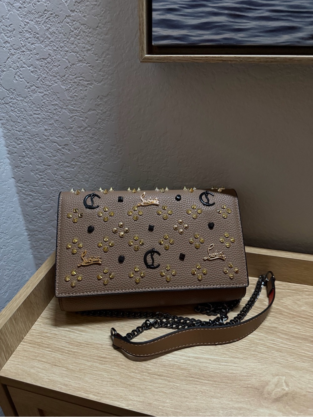 Embellished Brown Leather Clutch with Gold Accents - Picture 2 of 6